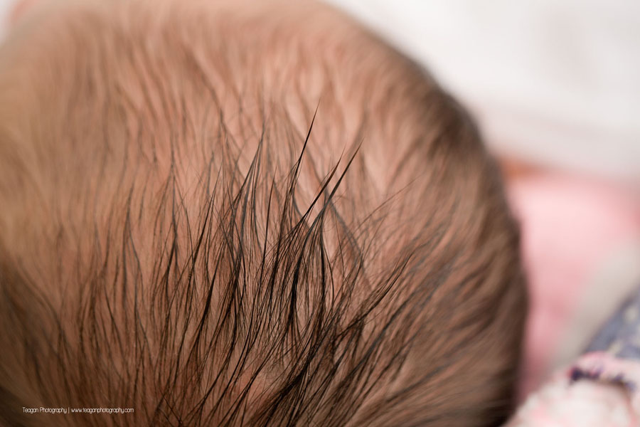 a close up of a newborn baby girl's hair in an Edmonton newborn photo session