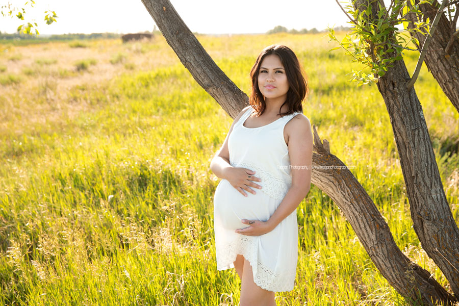 The summer sun filters through the trees during  an Edmonton maternity photoshoot