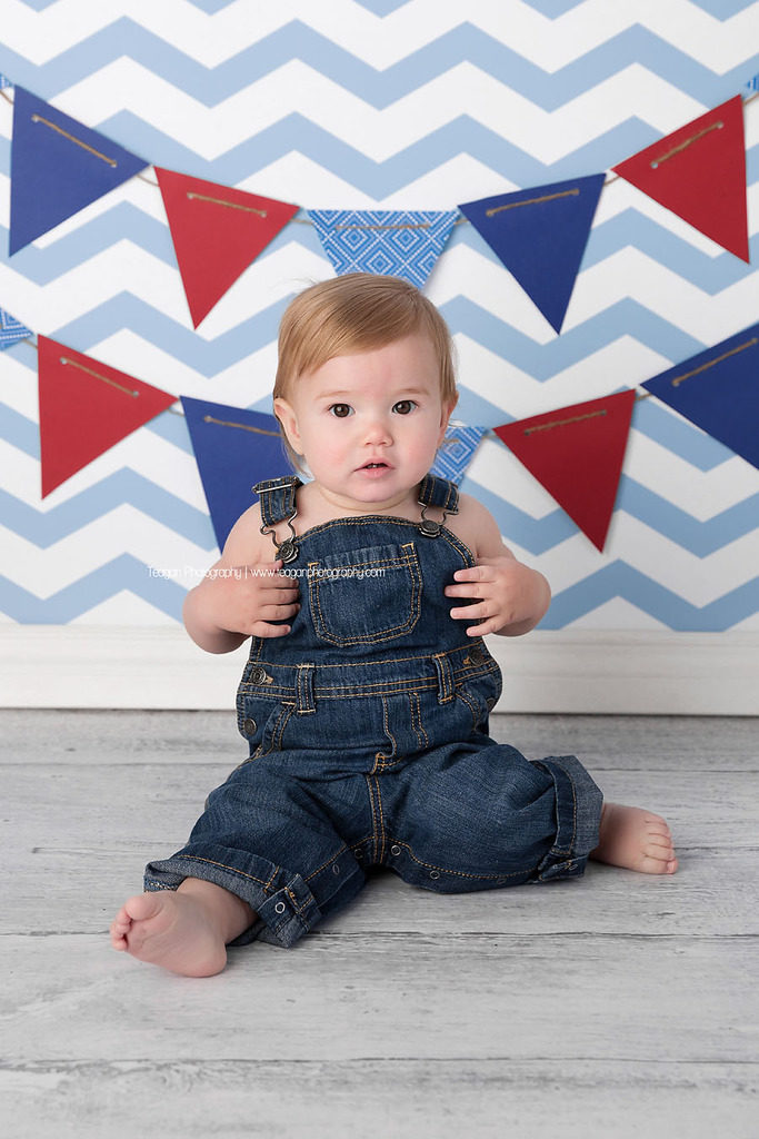 A one year boy celebrates his first birthday with a blue,white and red themed cake smash in Edmonton