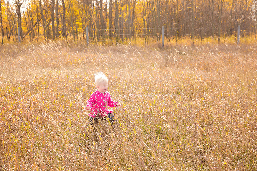 A little girl with short blonde hair runs through the dry grass in an Edmonton field