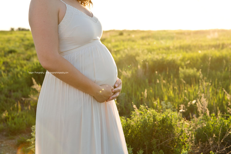 Elegant close-up portrait of a pregnant woman's belly in a beautiful Edmonton park setting